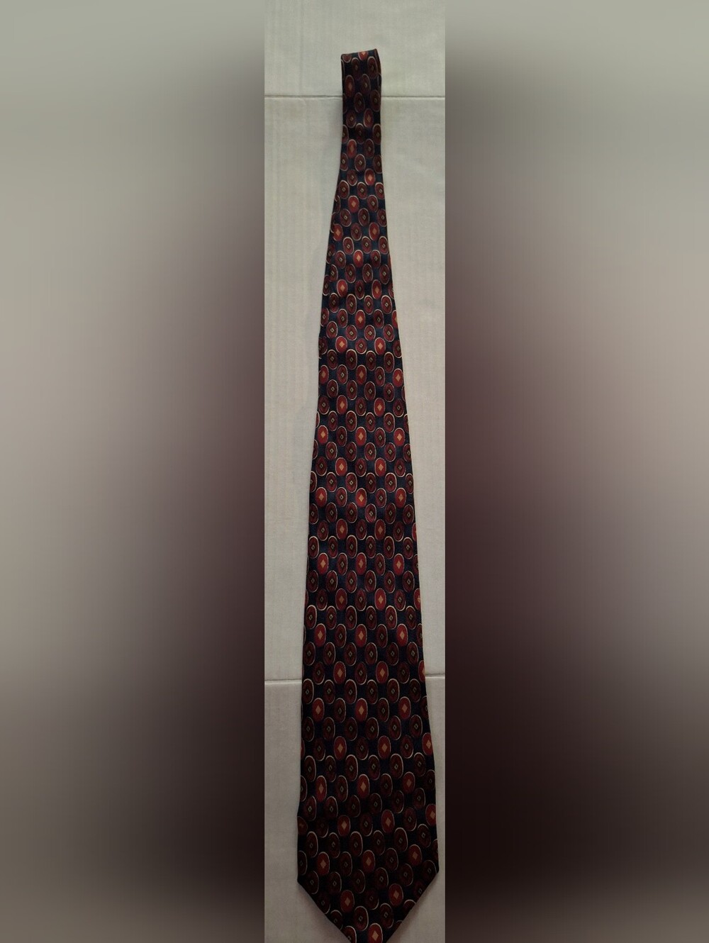 Men's Navy Tie with Red and Gold Medallion Pattern